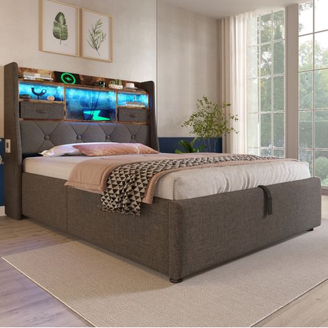 MODFU – Cama infantil 90x200 cm de lino y metal con arcón hidráulico, LED, 4 puertos USB/USB-C, colchón, carga 113 kg y 3 paquetes – Gris (1/5)