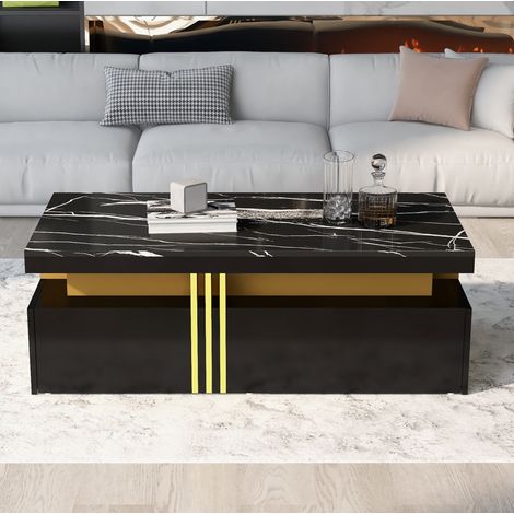 Mueble TV y mesa de centro de aglomerado negro efecto mármol, conjunto moderno para salón (1/5)