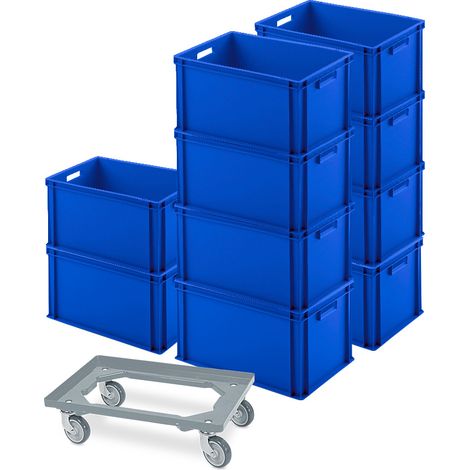 BRB 10er SPAR-Set Euro-Behälter PLUS Transportroller, 600x400x320 mm Industriequalität lebensmittelecht (blau/grau) (1/3)