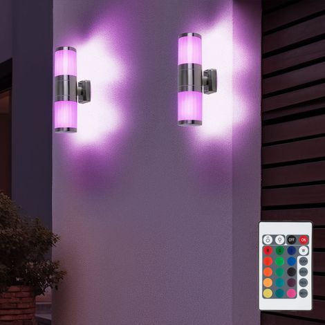 2er Set RGB LED Up Down Außen Wand Leuchten dimmbar FERNBEDIENUNG Edelstahl Balkon Garten Lampen