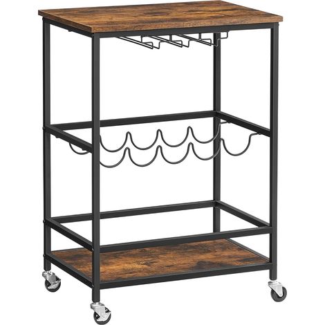 VASAGLE Desserte sur roulettes, Chariot de Bar, Étagère Mobile, avec Supports pour Verres et Portes-Bouteilles, 60 x 40 x 75 cm, Style Industriel, Marron Rustique et Noir LRC087B01 (1/5)