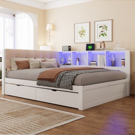 Lit banquette 140x200 cm avec 2 tiroirs de rangement, LED réglable et port USB étagères latérales Pin et MDF Blanc (1/5)