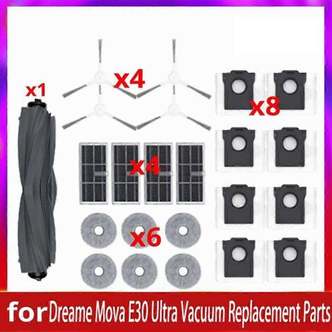 Accessoires pour aspirateur robot Dreame Mova E30 Ultra : rouleau principal, brosse latérale, filtre, chiffon de nettoyage et sac à poussière. (1/5)