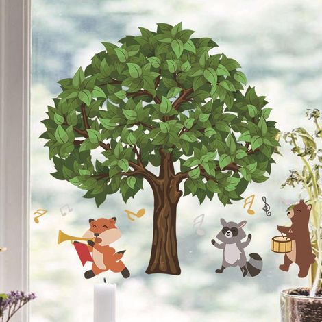 Décor fenêtre anti-collision oiseaux - 1 sticker adhésif statique magnifique avec animaux sous grands arbres, film décoratif pour vitres, prévention chocs aviaires, autocollant mural transparent (1/5)