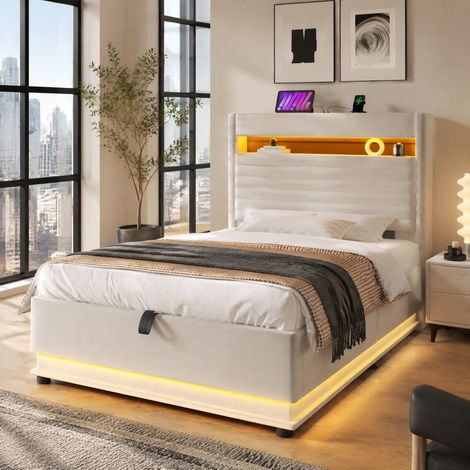 Lit capitonné 90x200 cm avec USB Type-C, LED, rangement hydraulique, lin beige REDOM (1/5)