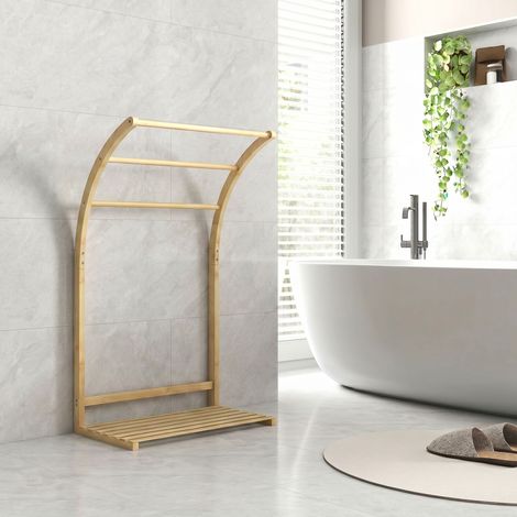 Porte-serviettes en bambou 3 barres avec étagère de rangement, pour la salle de bains et la buanderie, finition naturel (1/5)