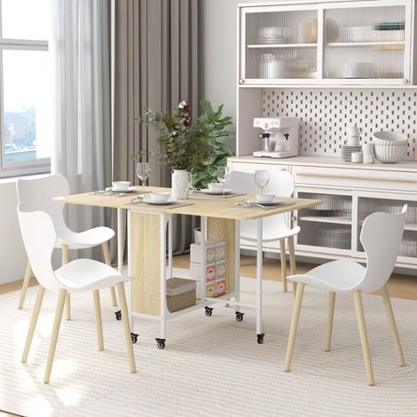 Klappbarer Esstisch, Ausziehtisch für 4–6 Personen, moderner, platzsparender Küchentisch mit Ablage und 6 Rollen, aus Metall, 130 x 80 x 74 cm, Holzfarbe