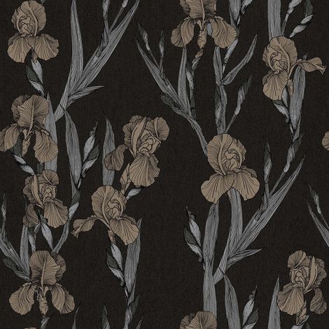 Papier peint à motif fleuri pour salon Tapisserie florale couleur noire, grise et beige Papiers peints intissés tendances pour chambre (1/5)