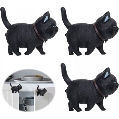 （3 Pièces） Bouton de Porte, Poignee de Meuble en Caoutchouc Souple PVC en Forme de Chat Noir, Tête de Chat Noire Rotative, Bouton de Meuble Adaptés Aux Armoires, Tiroirs, Chambres D'enfants (1/5)