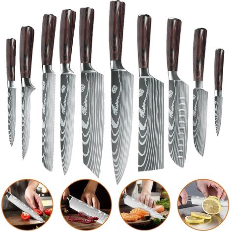 Juego de cuchillos de chef, acero inoxidable, mango de madera cómodo, 10 piezas (1/2)