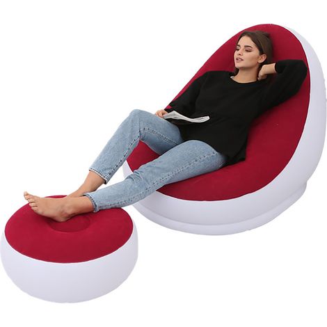 Fauteuil Gonflable Pliant en PVC Flocké Confortable avec Repose-Pieds, Chaise de Détente pour Camping Extérieur Voyage Rouge (1/5)