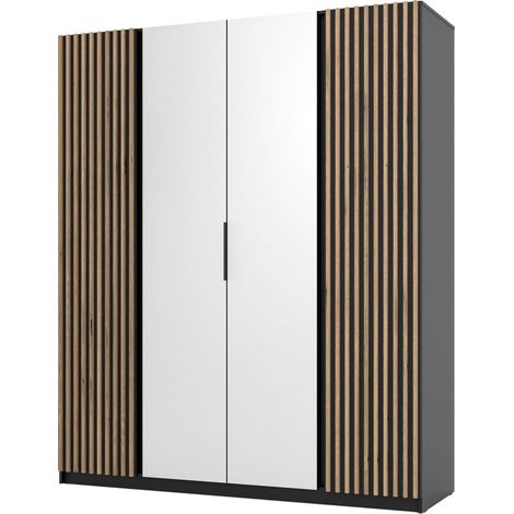 Selsey Kaja - Kleiderschrank 4-türig mit seitlichen Lamellen & Spiegel, 200 cm, schwarz (1/4)