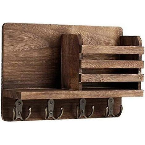 Organisateur de courrier d'entrée avec 4 crochets pour clés, étagère porte-courrier rustique en bois avec crochets pour clés (1/5)