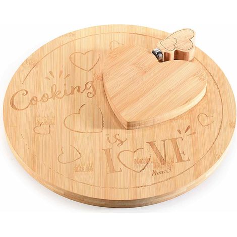 Tagliere rotondo e a cuore in legno di bamboo con coltello per formaggi e decori scritte Cooking Love, set da 2 pezzi, Tagliere: Ø 28 cm