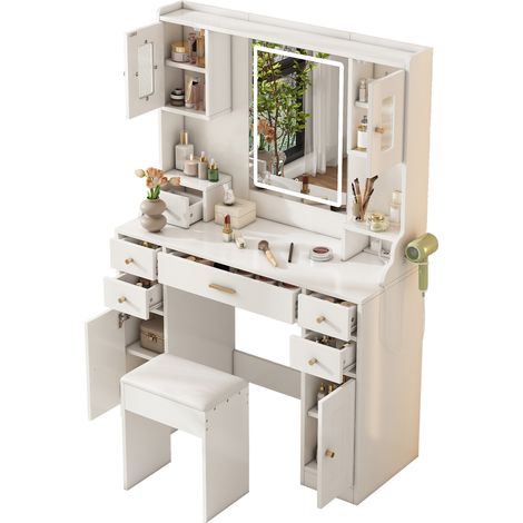 Coiffeuse avec miroir LED, 6 tiroirs et 4 portes, prise USB-C intégrée, grand rangement pour chambre, structure en panneau de particules blanc – CHICFURN (1/5)
