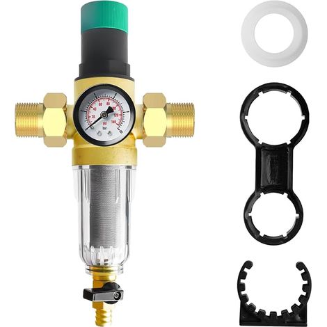 Réducteur de pression d'eau Filtre à écoulement DN 20 3/4" avec réducteur de pression et jauge de pression Réutilisable Réducteur de pression d'eau en laiton pour réguler la pression d'eau (1/5)