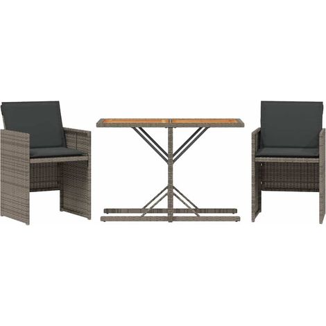 Ensemble de bistro 3 pcs  Mobilier de jardin avec coussins gris résine tressée (1/5)