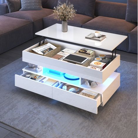 Table basse relevable 100x50x45 cm en bois blanc, avec rangement, pour salon, LED FloraGrace (1/5)