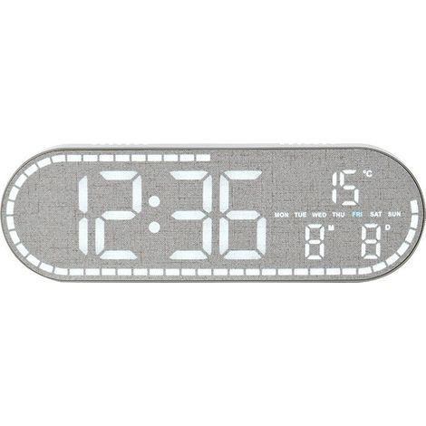 Horloge murale LED avec alarme, calendrier et calendrier perpétuel, design ovale pour salon, chambre, bureau GH8053, revêtement en imitation coton et lin gris (1/5)