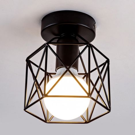 Wottes – Plafonnier cage en métal noir Ø15cm – Lampe de plafond vintage E27 pour salon, chambre, café, bar – 60W max – Vis de montage inclus