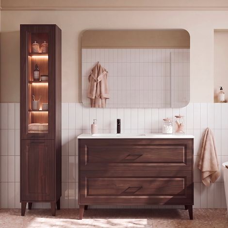 Conjunto de mueble con lavabo empotrado simple a la izquierda de 120 cm y columna Moka en madera oscura (1/4)