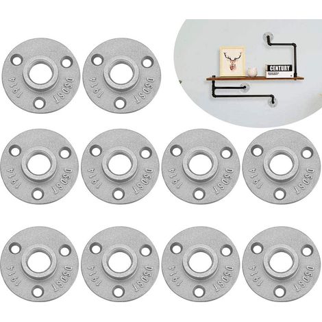 Lot de 10 brides filetées 1/2" - Brides filetées en métal - Avec 3 trous - Pour tuyau, robinet, étagère murale, sol - Meubles tubulaires - Montage mural (1/5)
