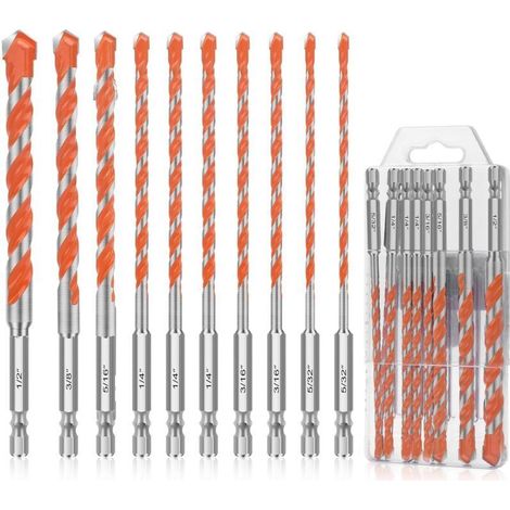 Hexagonale Forets Béton en Carbure, Lot de 10 Forets de Maçonnerie pour Béton Carrelage Brique Céramique Verre, 4mm-12mm (1/5)