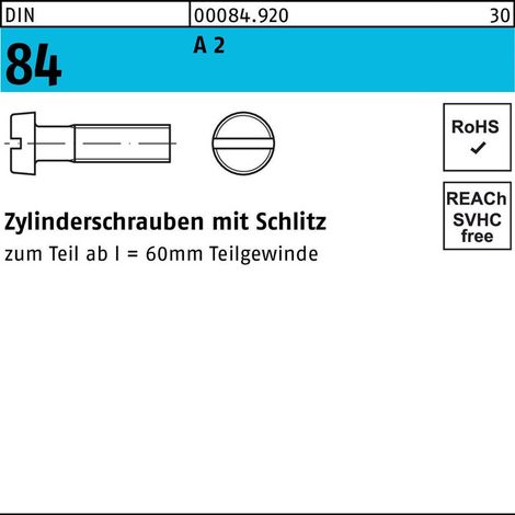 DIN 84/ISO 1207 Zylinderkopfschraube M4x100 Edelstahl A2 blank Schlitz 100 Stk (1/2)