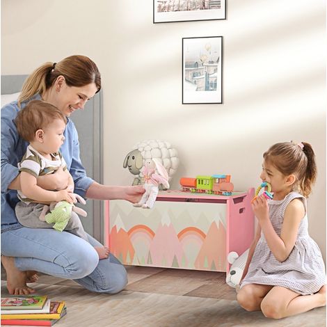 Coffre à jouets 60x37x39 cm en bois rose, avec rangement pour chambre enfant FloraGrace (1/5)