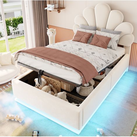 Cama tapizada 90x200 cm beige con cabecero floral, espacio de almacenaje hidráulico y LED (1/5)