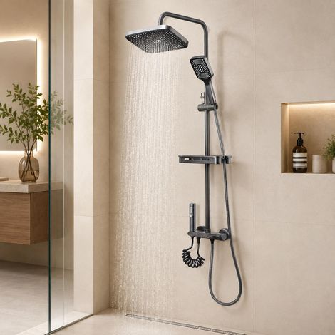 Columna de ducha termostática, conjunto de ducha completo 4 en 1 con estante de almacenaje y ducha higiénica, barra regulable de 82-120 cm, gris gunmetal