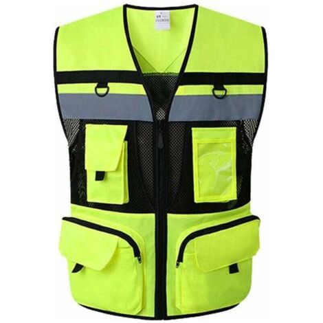 Gilet di sicurezza riflettente ad alta visibilità con tasca con cerniera. Gilet di sicurezza con fodera in rete. Traspirante, delicato sulla pelle e resistente all'usura. Taglia S. Giallo fluorescente