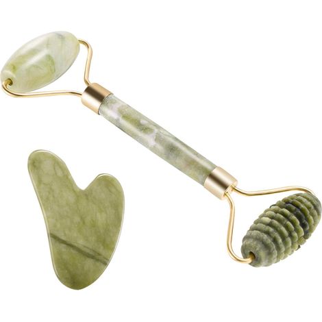 Rouleau de jade et ensemble - Pierres de massage faciales 100% naturelles en jade pour le visage, les yeux, le cou et le corps : anti-âge, atténuation des rides et ridules, amélioration de la circulat (1/5)