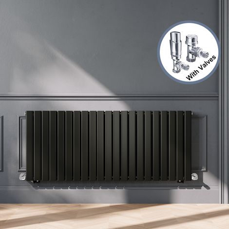 ELEGANT Black Designer Horizontal Radiator Double Panel Rads 600 x 1428mm with Chrome Angled Thermostatic Radiator Valves (1/5)