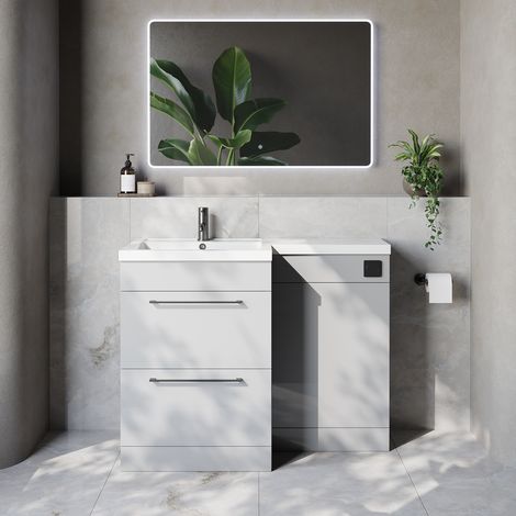 Napoli 460 Gloss Grey Pearl 1100mm 2 Drawer Vanity Unit Toilet Suite with Left Hand Square Lucia Basin - 1100mm - Gunmetal Grey 320mm HandleWithout Kingston Toilet Pan