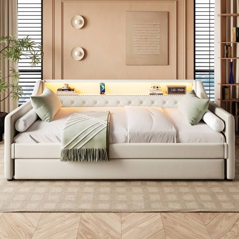 Lit banquette 90x200 cm avec tiroir-lit, LED et ports USB, sommier à lattes, tissu beige, sans matelas (1/5)