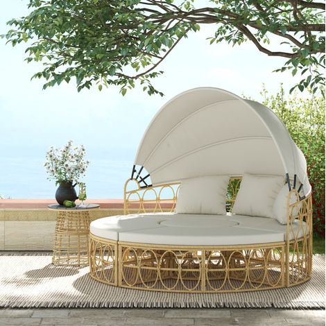 Salon jardin 4 pièces 178x85x66,5 cm rotin synthétique beige toit rétractable stable – MEUBLIV (1/5)