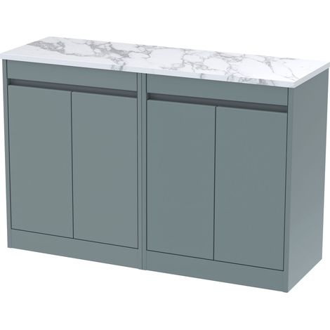 Chartley Contemporary Floor Standing 4 Door Vanity Unit with Carrera Marble Laminate Worktop, 1200mm, Coastal Grey (1/4)