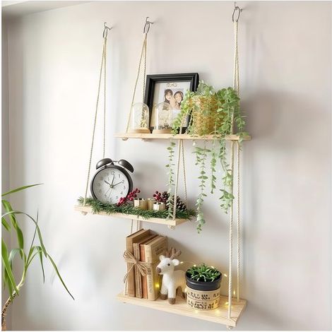 Étagère murale en macramé à 3 niveaux - Décoration murale bohème avec étagères en bois - Support pour plantes pour salon, chambre et salle de bain - Crochets sans clous inclus - Couleur naturelle (1/5)