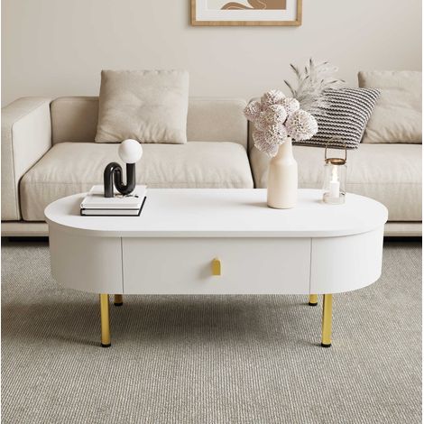 Couchtisch aus MDF in Weiß 108 cm mit 2 Schubladen und goldfarbenen Beinen (1/5)
