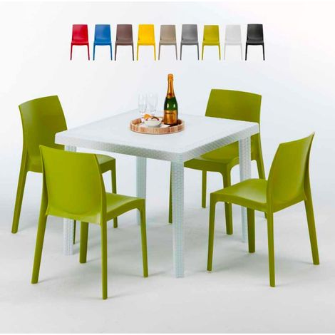 Table Carrée Blanche 90x90cm Avec 4 Chaises Colorées Grand Soleil Set Extérieur Bar Café Rome Love - Anis vert (1/5)