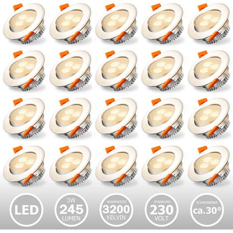 20x LED Einbaustrahler Deckenleuchte Einbauleuchte 3W WarmWeiß 245LM 3200K Decken-Spots mit Trafo (1/5)