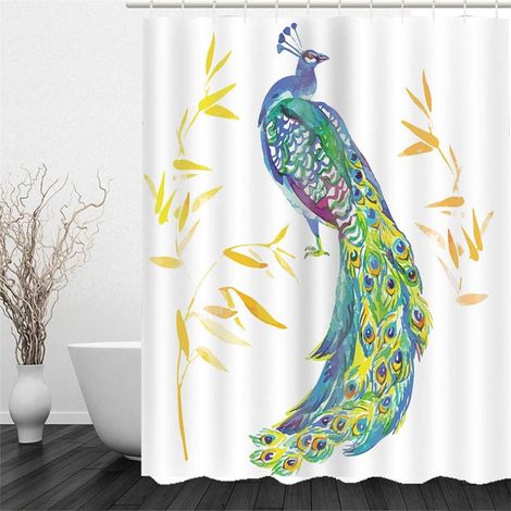 Chickw1 Rideau de Douche Impermeable Anti Moisissure, 3D Imprimé Rideau de Douche Polyester Rideau de Douche Doublure avec 12 Crochets Rideaux de Salle de Bain (Feuilles Jaunes et Paon,180x180cm) (1/5)