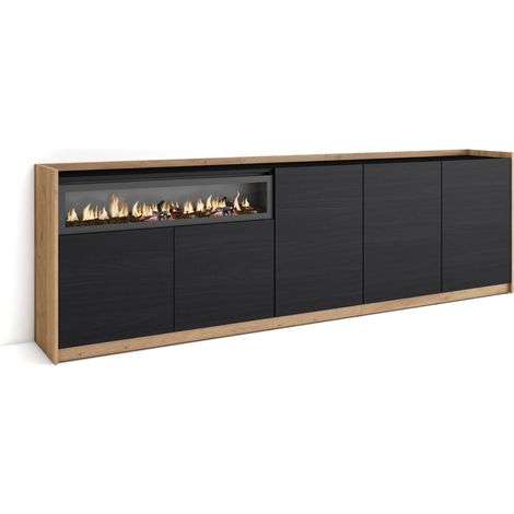 Skraut Home - Aparadores para salón, 260x37x80cm, 5 Puertas, Chimenea eléctrica, Negro y roble (1/5)