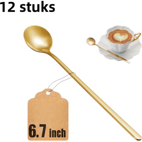Lot de 12 cuillères à long manche en acier inoxydable, idéales pour le café, le miel et les desserts. Cadeau parfait. Longueur : 17 cm. Finition dorée. (1/5)
