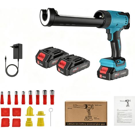 Pistolet à colle à batterie - Pistolet à calfeutrer sans fil - réglage 6 vitesses - Pistolet Silicone Avec LED - 2 batteries - Bleu (1/5)
