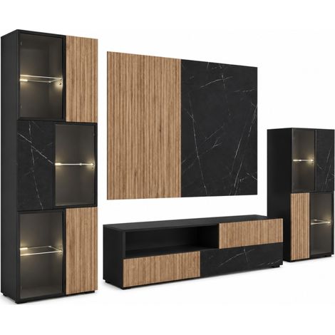 Ensemble meuble TV mural Cannes 2 avec vitrine LED - Bois MDF noir et chêne Viking et effet marbre noir - 280 x 182 x 45 cm - Livraison gratuite (1/5)