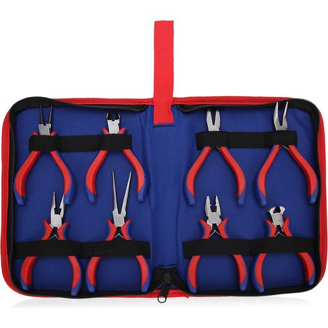 Lot de 8 pinces de bijouterie, 2 couleurs, poignée bicolore 13 cm, coupe-fil avec sac en toile Oxford. (1/5)