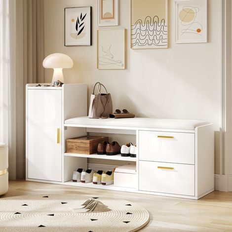 Banc à chaussures 128x30x68 cm - Meuble d'entrée avec coussin, 2 tiroirs, 1 placard et étagères - Finition haute brillance - Blanc (1/5)