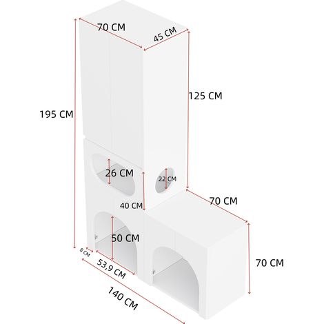 Meuble toilette chat, armoire animalerie, rangement pour animaux, pour 2 bacs à litière, avec griffoir et zone de repos, meuble chien et chat, blanc, 140 x 45 x 195 cm (1/5)